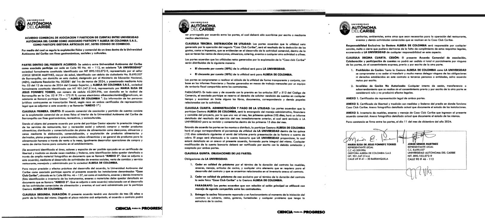 Facsímil del cuestionado contrato entre Albesa y la Universidad Autónoma del Caribe.