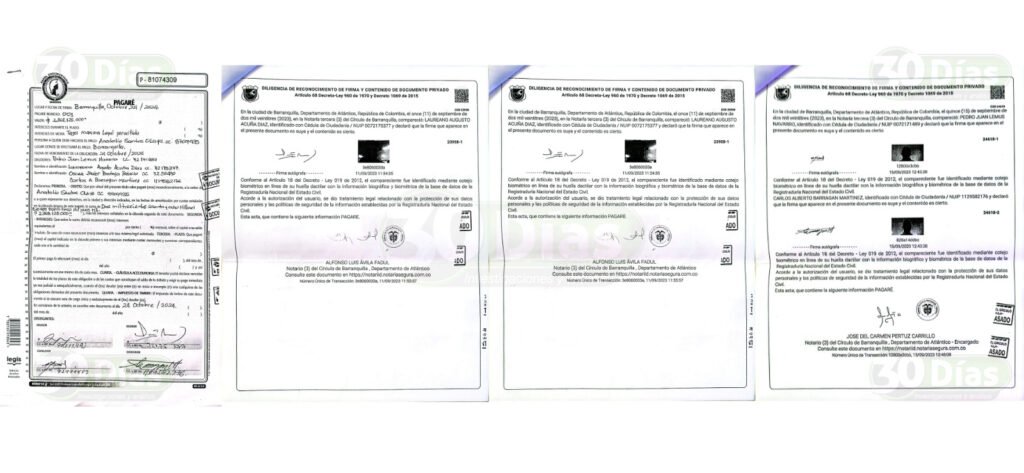 El pagaré que en 2023 firmaron Lemus, Acuña, Pantoja y Barragán en la Notaría Tercera.