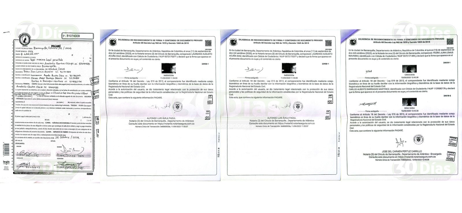 El pagaré que en 2023 firmaron Lemus, Acuña, Pantoja y Barragán en la Notaría Tercera.